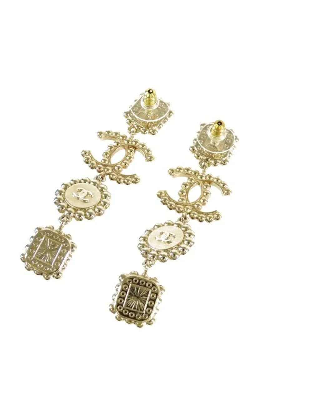 Chanel Drop Earrings Gold Metal Rhinestone CC Logo
